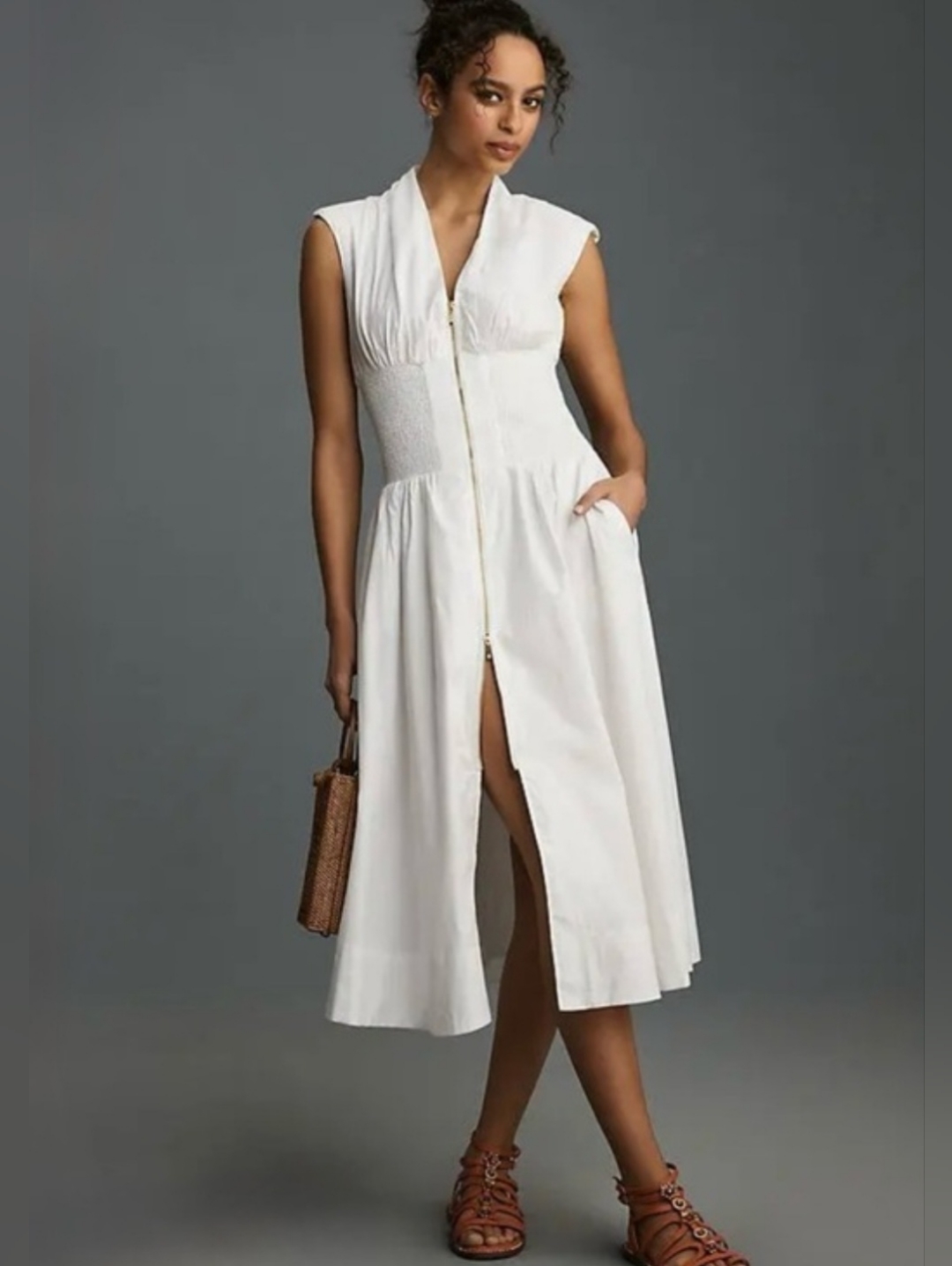 Anthropologie, The Tommie Cap-Sleeve Smocked Front-Zip Shirt Dress